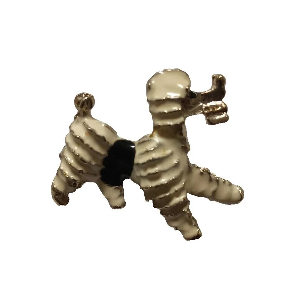 Vintage Figural Poodle Dog Brooch Cream Enamel Gold Tone Novelty Pin